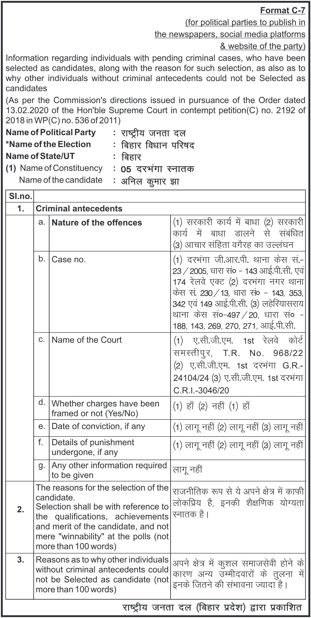 Anil Kumar Jha Rjd Format C-7
