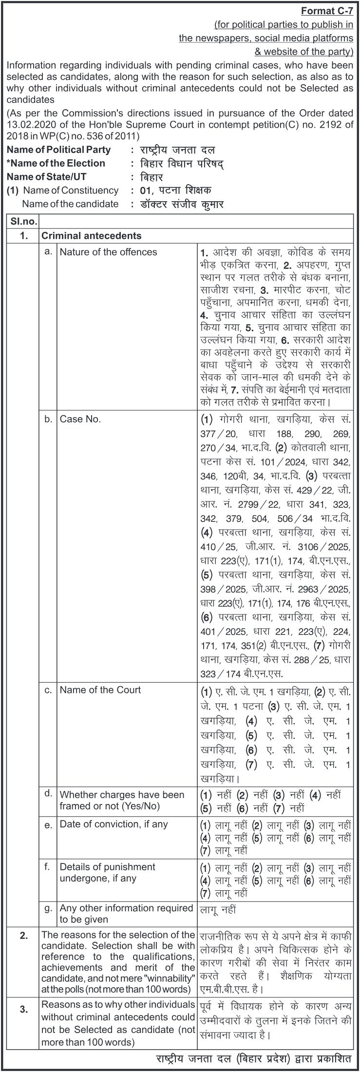 Dr Sanjeev Kumar Rjd Format C-7